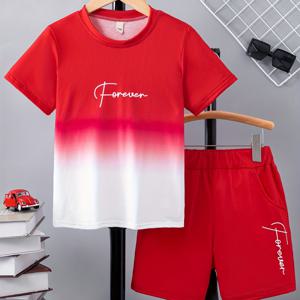 TEMU 2pcs 남아 캐주얼 FOREVER 레터 그래픽 프린트 컬러블록 반팔 티셔츠 & 반바지 세트, 편안한 여름 남아 옷 매일 & 야외 착용