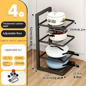 TEMU 3단/4단 조절 가능한 철제 냄비 받침대, 다목적 주방 수납 정리함, 조리기구 및 필수품용 매달린 선반, 두꺼운 탄소강으로 된 바닥에 놓인 직사각형 냄비 및 팬 받침대