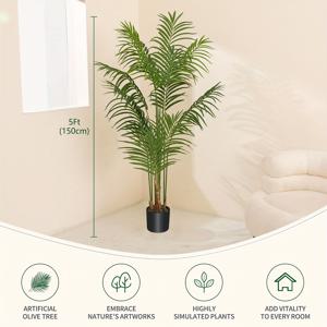 TEMU 인공 아레카 야자수 5피트 - 실내 가정 사무실 정원 장식을 위한 실감 나는 Dypsis Lutescens 인조 식물 - 전기가 필요 없는 올 시즌 바닥 야자수 - 생일, 기념일, 졸업, 집들이 및 퇴직 선물에 완벽 - 거실 및 크리스마스, 부활절, 추수감사절과 같은 휴일 축하에 적합 - 1팩