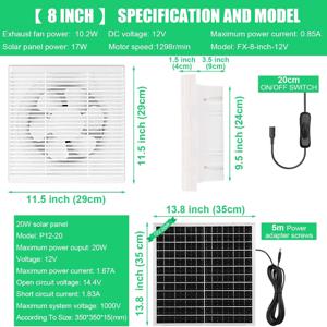 TEMU 태양열 구동 배기 팬, 온실, 닭장, 창고 환기, 헛간, 개집, 다락방, 애완 동물 집, 외부 및 가정을 위한 8인치 고속 태양열 배기 팬이 있는 20W 태양 전지 패널|캠핑선풍기