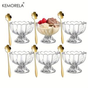 TEMU 4/6pcs KEMORELA 전자 레인지 안전 유리 디저트 그릇 스푼 포함, 5 oz 튤립 모양 꽃 패턴 서빙 접시, 투명 유리 디저트 세트