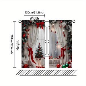 TEMU 크리스마스 리본 & 축제 프린트 커튼 2개 세트 - 부드럽고, 거실 및 침실 장식용 쉬운 걸이 로드 포켓 디자인