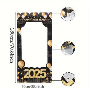 TEMU 2025 새해 포토 부스 프레임 배경, 블랙 및 골드 디자인, 폴리에스터 소재, 전원 필요 없음, 파티 장식, 휴일 계절, 크리스마스, 새해, 겨울, 성인 참신 파티 용품, 선물 아이디어