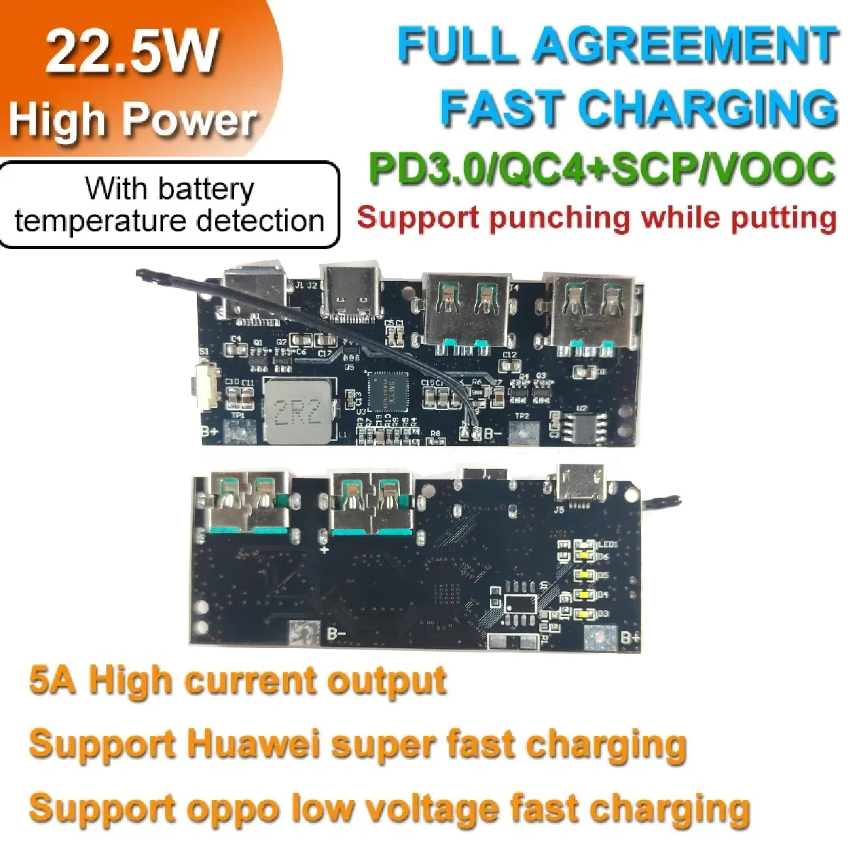 LED 듀얼 USB 보조배터리 18650 충전 모듈, 온도 및 회로 보호, 마이크로/C 타입 USB, QC4.0, QC3.0, 5V, 4.5A, 22.5W