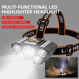USB 충전식 강력한 조명 야외 야간 작업 램프, 캠핑 낚시 비상 검색 랜턴 헤드 손전등, 5 LED 헤드램프