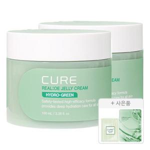 김정문알로에 큐어 리알로에 대용량 수분 젤리크림 100ml, 2개 + 증정(피토 그린 앰플 마스크팩, 1개 + 큐어 안티에이징 크림S 파우치 2ml, 1개)