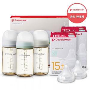 [더블하트] 모유실감 3세대 PPSU 젖병 모먼트 트리플팩 240ml +3세대 젖꼭지2입x2개(3L)