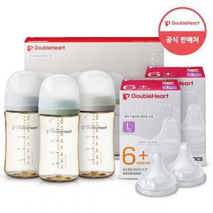 [더블하트] 모유실감 3세대 PPSU 젖병 모먼트 트리플팩 240ml +3세대 젖꼭지2입x2개(L)