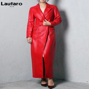 Lautaro 여성용 엑스트라 롱 소프트 인조 가죽 트렌치 코트, 더블 브레스트 럭셔리, 우아한 영국 패션 2022, 봄 가을