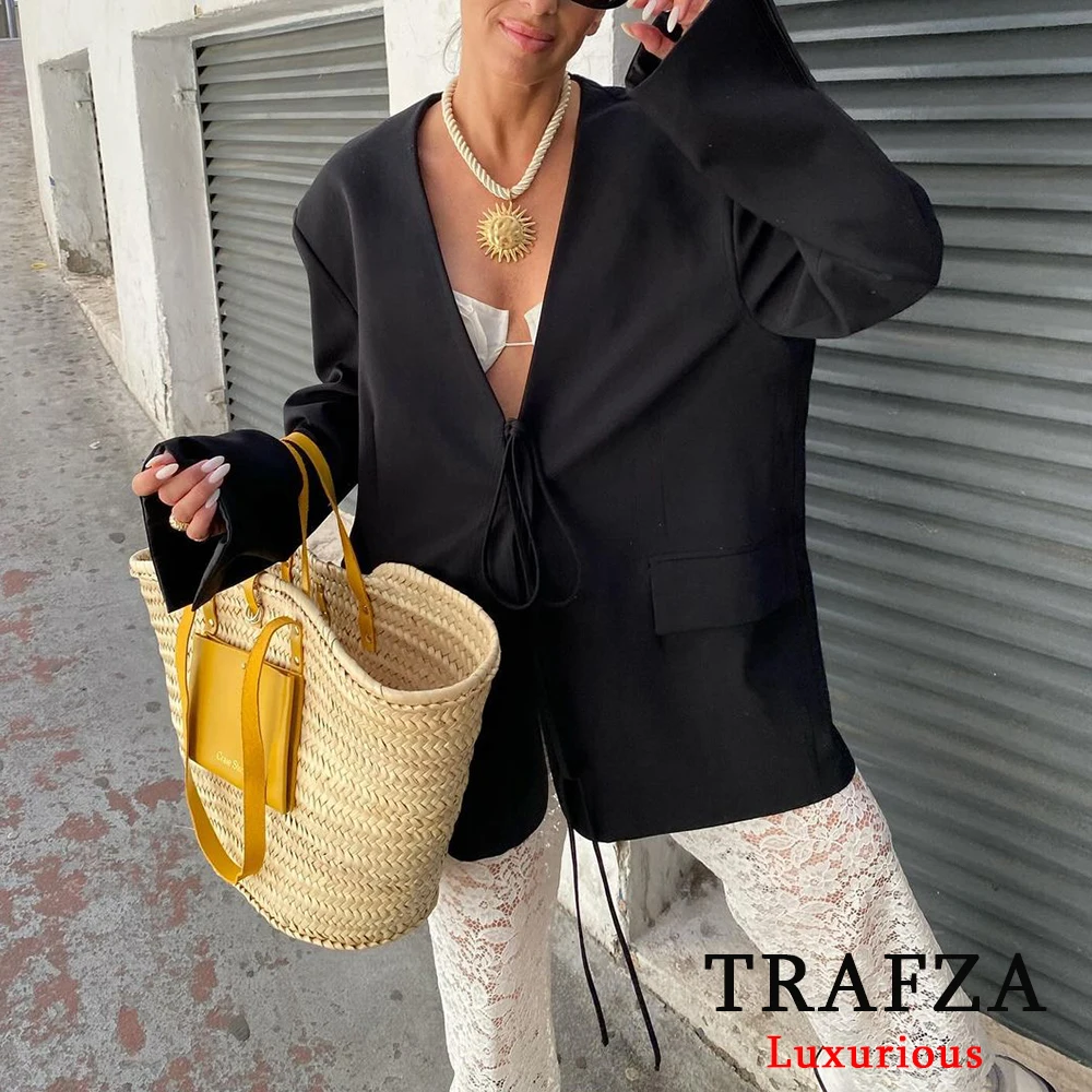 TRAFZA 캐주얼 오버 사이즈 블랙 블레이저 여성 브이 넥 보우 타이 포켓 루즈 자켓 패션 2025 streetwear women outwears