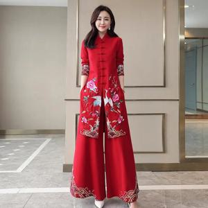 중국 스타일 빈티지 여성 Hanfu 미디 Qipao 두 조각 중국 전통 의류 바지 세트 당나라 정장 가운 Orientale 의류