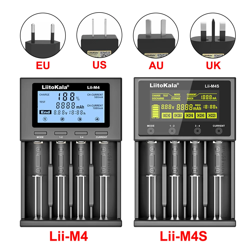 LiitoKala Lii-M4 Lii-M4S 5V EU AU 영국 미국 플러그 배터리 충전기 3.7V 18650 26650 21700 14500 18350 17500 1.2V AA AAA A C