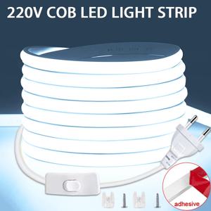 COB LED 스트립 220V 스위치 ON/OFF EU 플러그 220V LED 스트립 조명 방수 유연한 램프 테이프 주방 홈 룸 장식
