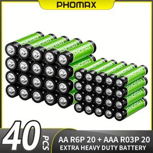 TEMU PHOMAX 고성능 카본 배터리 AA1.5V 배터리 20개+AAA 배터리 20개 조합 세트 비충전식 일회용 건전지 강력한 전력 오래 지속되는 내구성 알람 시계 네온 라이트 계산기 마우스 장난감 리모컨 라디오 MP3 뮤직 박스 리모컨 자동차에 적합