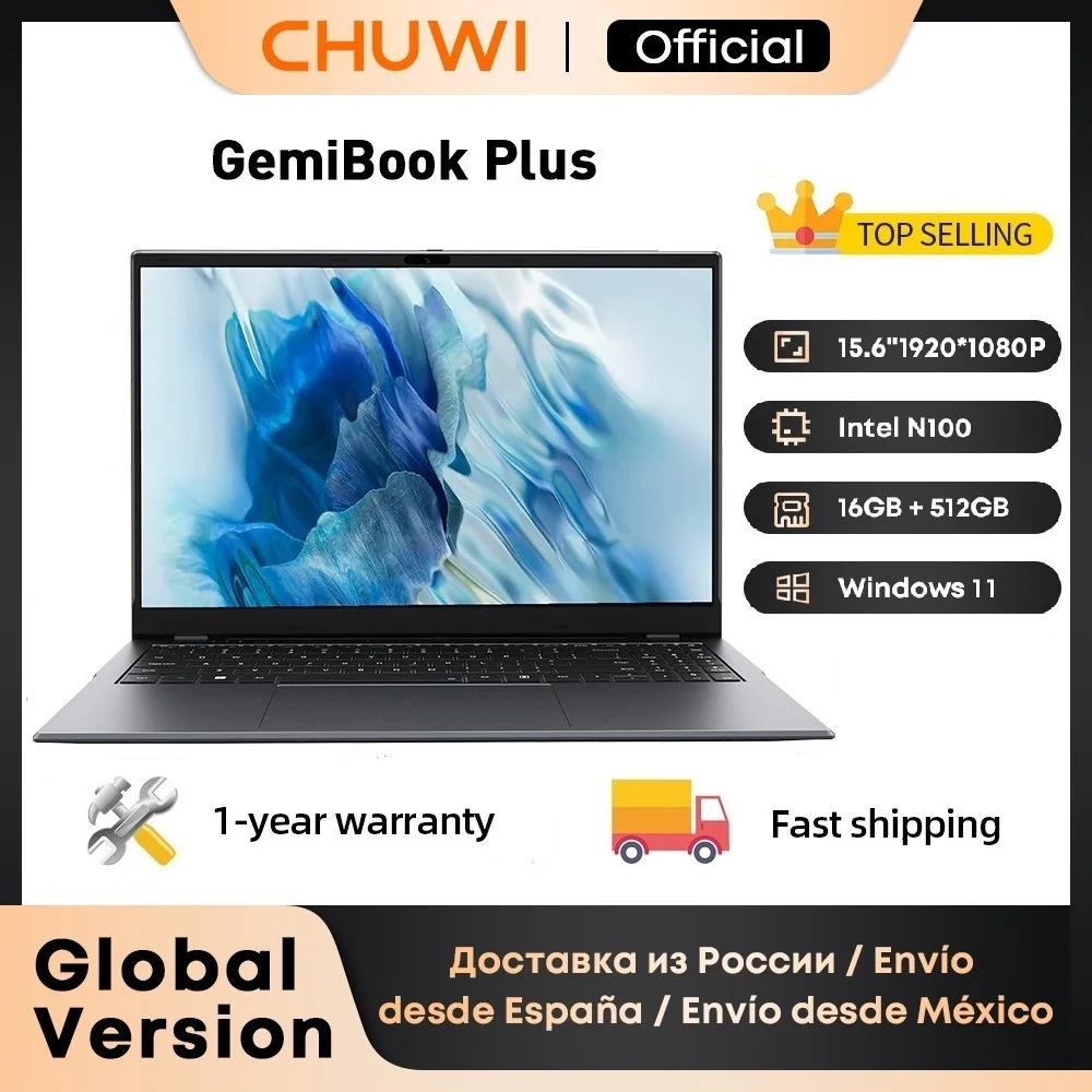 CHUWI GemiBook Plus 노트북 15.6인치 Intel N100 그래픽, 12세대 1920*1080P 16GB RAM 512GB SSD, 냉각 팬 포함 Windows 11