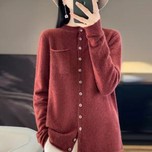 여성용 메리노 울 스웨터, 크루넥 하이 퀄리티 압착 니트 스웨터, 퓨어 컬러 포켓 루즈 스웨터, 가디건 패션, 100%
