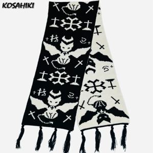 Y2k 미적 소녀 고양이 인쇄 스카프 하라주쿠 양면 따뜻함 Tassels Neckerchief 일본 개성 streetwear 스카프