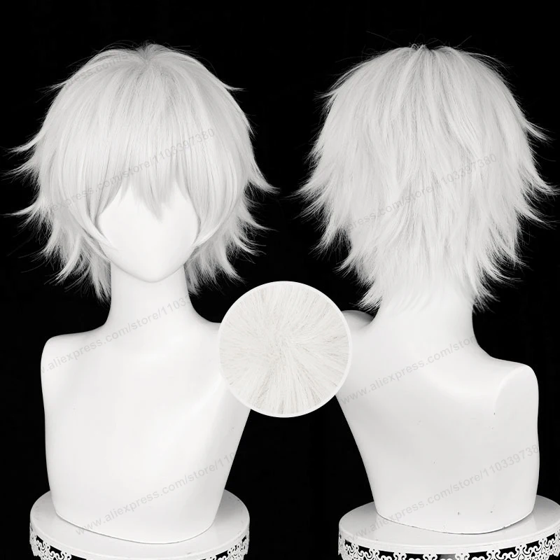 Kaneki Ken 코스프레 가발 30cm 짧은 실버 화이트 남자 머리 애니메이션 내열성 합성 가발