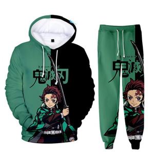 Anime Demon Slayer 후드 3D 프린트 코스프레 바지 + 까마귀 2PCS 세트 Tracksuit Men Oversize Vintage Street 까마귀 바지 세트