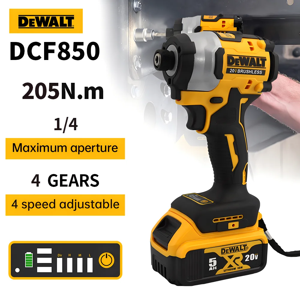 Dewalt DCF850 무선 임팩트 스크루 드라이버, 휴대용 브러시리스 전기 드릴, 충전식 20V 배터리, 무선 전동 공구, 205N.m