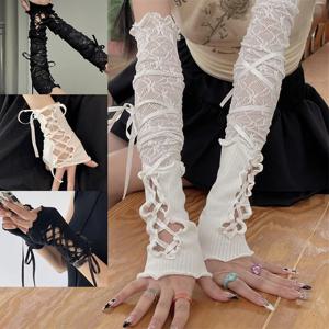 여성 달아서 레이스 핑거리스 뜨거운 섹시한 팔 슬리브 DIY 레이스 업 선 스크린 장갑 탄성 메쉬 펑크 장갑 의류 액세서리