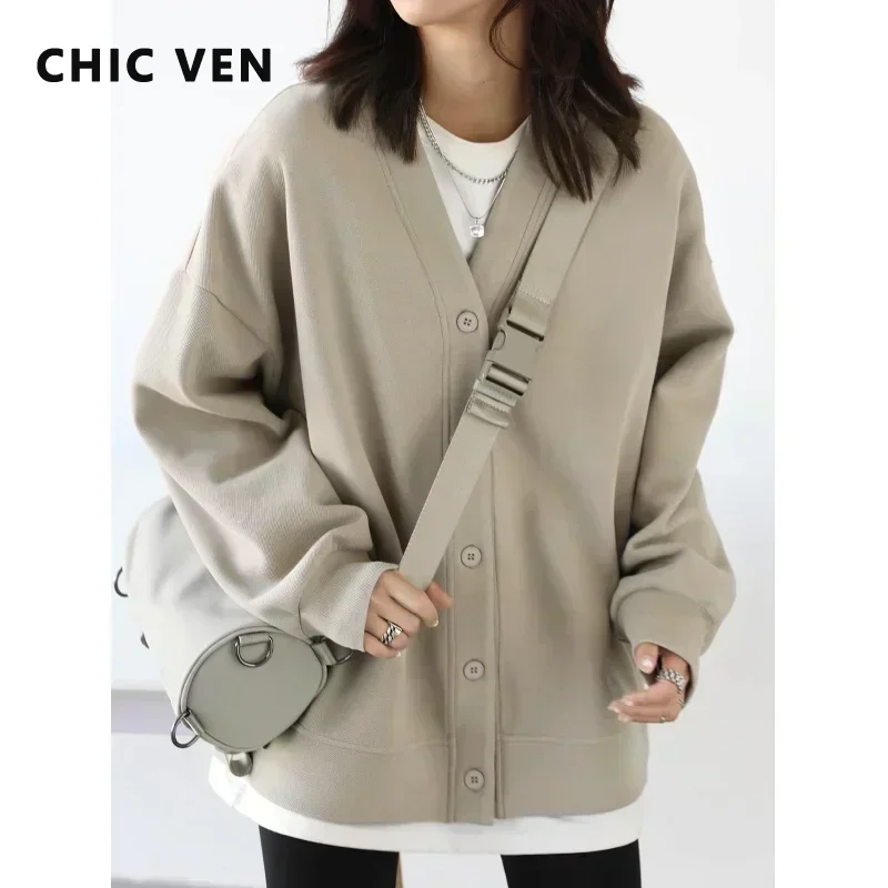 CHIC VEN 한국 가을 겨울 여성 스포츠 코트 캐주얼 느슨한 v 넥 스웨터 여성용 두꺼운 따뜻한 탑 Office Lady 여성