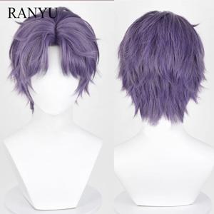RANYU 합성 짧은 스트레이트 퍼플 남자 가발 중간 부분 애니메이션 게임 코스프레 푹신한 머리 내열성 가발 파티