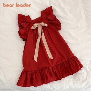 베어 리더 여름 소녀 드레스 플라잉 슬리브 드레스 캐주얼 프릴 드레스 솔리드 백 Bowknot 라인 베이비 드레스 아동복