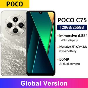 POCO C75 글로벌 버전 Helio G81-Ultra 50MP AI 듀얼 카메라 5160mAh 배터리 Xiaomi HyperOS NFC 6.88'' 120Hz 디스플레이