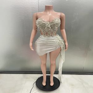 재고 럭셔리 진주 섹시한 2 PCS 스커트 세트 여성 저녁 파티 비대칭 드레스 무대 댄서 공연 의상 생일 Outf