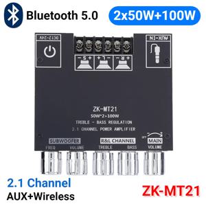ZK-MT21 디지털 전력 증폭기 보드 2x50W + 100W 2.1 채널 서브우퍼 AUX 12V 24V 오디오 스테레오 Bluetooth 5.0 저음 증폭기