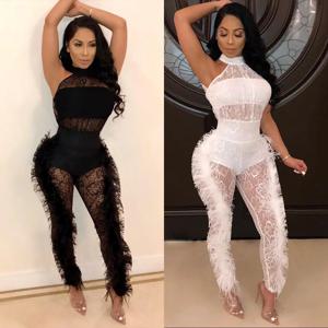 Bkld rompers womens jumpsuit 패션 새 깃털 레이스 패치 워크 2019 옷 여성 여름 검은 섹시한 클럽 점프 슈트를 통해 볼