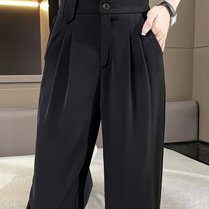 TEMU 봄/여름 쿨 캐주얼 전문가용 세로 주름 방지 하이웨이스트 레그 길이 늘리는 팬츠|냉장고바지