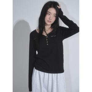 애즈온 WISH RIBBED BUTTON TEE / BLACK 179887