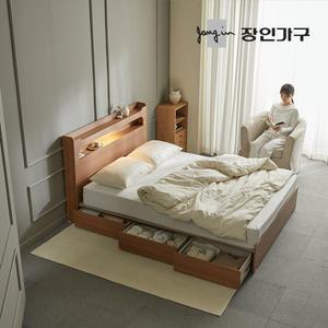 장인가구 메이비 LED 직선헤드 수납 침대프레임 더블 D +본넬매트 (높이230)