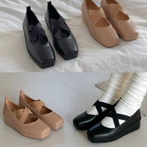 스퀘어토 스티치 엑스 밴딩 발레리나 여성 웨지힐 굽 구두 신발 4cm 230-250
