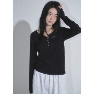 애즈온 WISH RIBBED BUTTON TEE / BLACK 179887