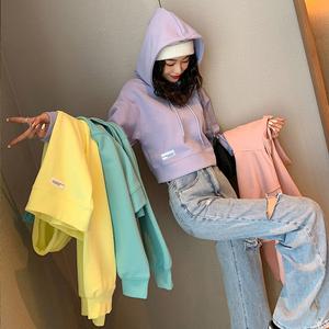 파스텔  컬러 크롭 후드티 데일리 면 긴팔 맨투맨 후디 귀여운 봄 가을 간절기 학생룩