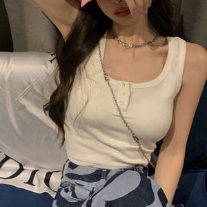 여성 라운드넥 버튼 크롭기장 트렌디 골지 슬리브리스스포츠탑 끈나시 이너웨어 나시티 여성복 데일리 브라