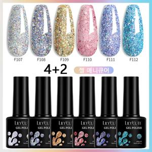 LILYCUTE 글리터 젤 네일 광택제 베르니스 반영구 글리터 광택제, DIY 네일 아트, 흡수 LED UV 젤, 세트당 7ml, 6 개