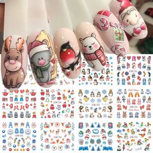 12pcs 귀여운 펭귄 겨울 네일 스티커 새 곰 고양이 만화 동물 눈송이 슬라이더 물 데칼 장식 크리스마스 팁 포일