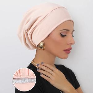 여성 부드러운 새틴 라이닝 이슬람 터번 모자 수면 모자 암 화학 요법 모자 비니 Headwrap 탈모 보닛 아랍 인도 모자