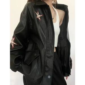 가을 미국 빈티지 수 놓은 가죽 자켓 여성 블랙 PU 가짜 모피 코트 편지 Jaqueta Chaquetas Mujer
