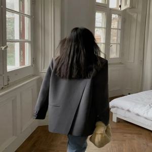 여성 패션을위한 검은 색 긴팔 정장 재킷 한국어 뒤로 분할 사무실 레이디 블레이저 코트 가을 겨울 재킷 루스 코트