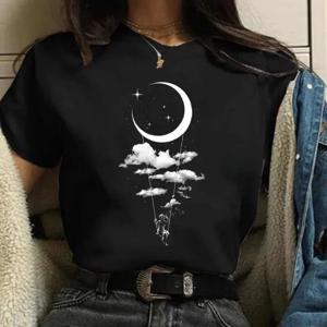90s Moon 하라주쿠 웃긴 90s 여성 T 셔츠 소녀 만화 그래픽 프린트 블랙 여성용 T 셔츠 캐주얼 여성 셔츠 Kawaii 티셔츠