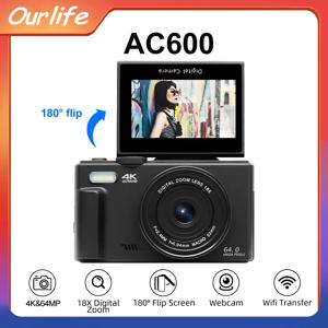 Ourlife AC600 컴팩트 디지털 사진 카메라 4K 18X 디지털 줌 빈티지 비디오 레코더 180 °   플립 스크린 카메라 WiFi 웹캠