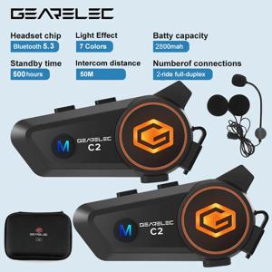 GEARELEC C2 오토바이 헬멧 5.3 블루투스 인터콤 헤드셋 50m 2 라이더 IP67 방수 BT 무선 통신 여러 가지 빛깔의