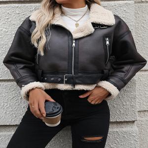 Ailegogo 빈티지 여성 두꺼운 따뜻한 짧은 가짜 가죽 양고기 모피 자켓 streetwear 여성 지퍼 벨트 코트 가을 겨울 outwear