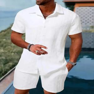2025 뉴 여름 남성 캐주얼 데일리 야외 여행 솔리드 컬러 자카드 옷깃 반팔 셔츠 드로우 스트링 반바지 투피스 세트