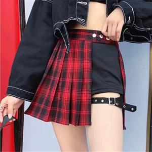 모든 경기 여성 짧은 치마 패션 타탄 레드 플리츠 스커트 Streatwear 격자 무늬 사이드 버튼 스커트 여성 캐주얼 미니 스커트
